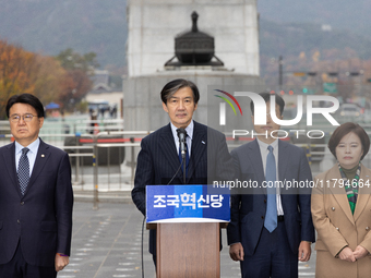 Cho Kuk, leader of the Rebuilding Korea Party, along with party lawmakers, holds a press conference in front of the Admiral Yi Sun-sin statu...