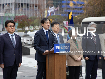 Cho Kuk, leader of the Rebuilding Korea Party, along with party lawmakers, holds a press conference in front of the Admiral Yi Sun-sin statu...