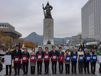 Cho Kuk, leader of the Rebuilding Korea Party, along with party lawmakers, holds a press conference in front of the Admiral Yi Sun-sin statu...