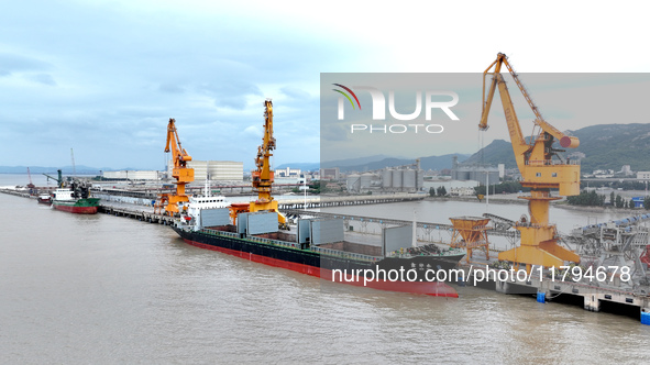 Vehicles shuttle back and forth, and cargo loading and unloading are orderly at Xinhai Wharf in Fuzhou, Fujian province, China, on November...