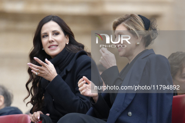 (R-L), First Ladies of Ukraine, Olena Zelenska, and Serbia, Tamara Vucic, attend Pope Francis' weekly general audience in St. Peter's Square...