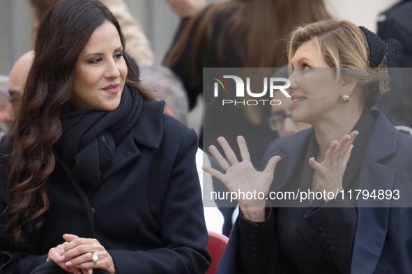 (R-L), First Ladies of Ukraine, Olena Zelenska, and Serbia, Tamara Vucic, attend Pope Francis' weekly general audience in St. Peter's Square...