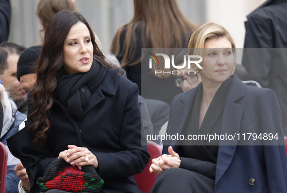 (R-L), First Ladies of Ukraine, Olena Zelenska, and Serbia, Tamara Vucic, attend Pope Francis' weekly general audience in St. Peter's Square...