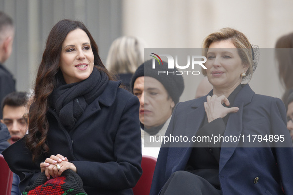 (R-L), First Ladies of Ukraine, Olena Zelenska, and Serbia, Tamara Vucic, attend Pope Francis' weekly general audience in St. Peter's Square...