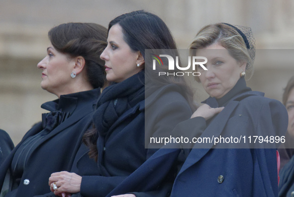 (R-L), First Ladies of Ukraine, Olena Zelenska, Serbia, Tamara Vucic, and Lithuania, Diana Nausediene, attend Pope Francis' weekly general a...