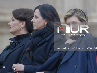 (R-L), First Ladies of Ukraine, Olena Zelenska, Serbia, Tamara Vucic, and Lithuania, Diana Nausediene, attend Pope Francis' weekly general a...