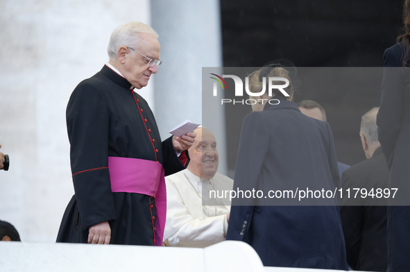 Pope Francis greets the First Lady of Ukraine, Olena Zelenska, during his weekly general audience in St. Peter's Square at The Vatican, on N...