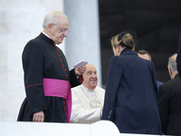 Pope Francis greets the First Lady of Ukraine, Olena Zelenska, during his weekly general audience in St. Peter's Square at The Vatican, on N...