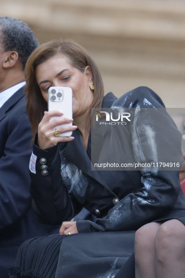 Armenia's First Lady Anna Hakobyan is photographed during the weekly general audience of Pope Francis at St Peter's Square in The Vatican on...