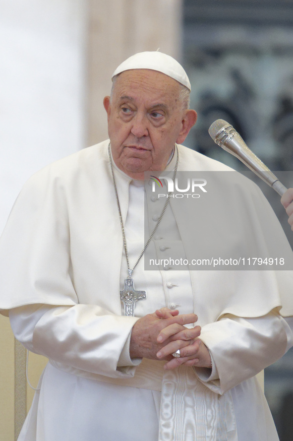 Pope Francis arrives for the weekly general audience at St Peter's Square in The Vatican on November 20, 2024. 