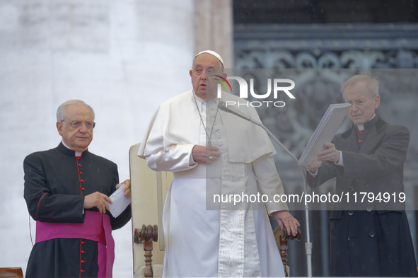 Pope Francis blesses the crowd during the weekly general audience at St. Peter's Square in The Vatican on November 20, 2024. 