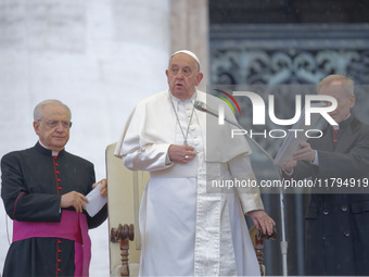 Pope Francis blesses the crowd during the weekly general audience at St. Peter's Square in The Vatican on November 20, 2024. (