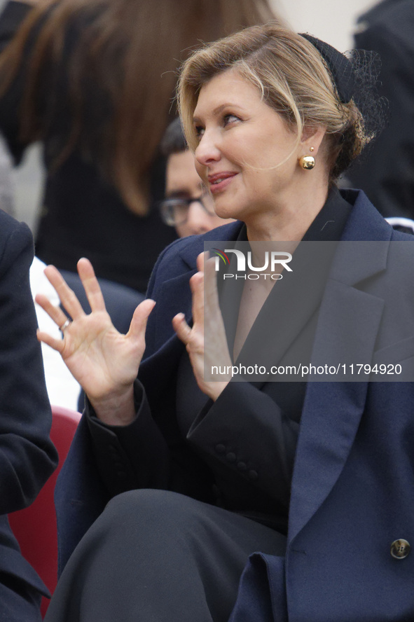 First Lady of Ukraine Olena Zelenska attends Pope Francis' weekly general audience in St. Peter's Square in Vatican City on November 20, 202...