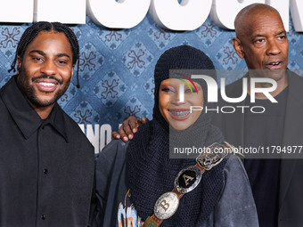 Malcolm Washington, Erykah Badu and Denzel Washington arrive at the Los Angeles Premiere Of Netflix's 'The Piano Lesson' held at The Egyptia...