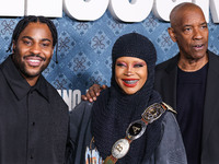 Malcolm Washington, Erykah Badu and Denzel Washington arrive at the Los Angeles Premiere Of Netflix's 'The Piano Lesson' held at The Egyptia...