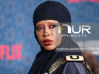 Erykah Badu arrives at the Los Angeles Premiere Of Netflix's 'The Piano Lesson' held at The Egyptian Theatre Hollywood on November 19, 2024...