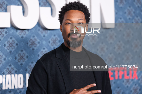 Corey Hawkins arrives at the Los Angeles Premiere Of Netflix's 'The Piano Lesson' held at The Egyptian Theatre Hollywood on November 19, 202...