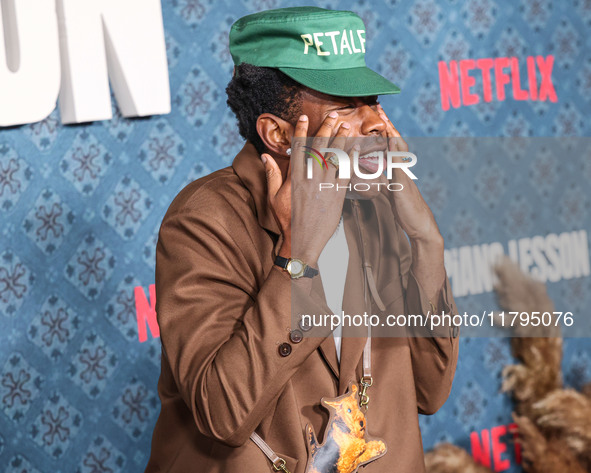 Tyler, The Creator arrives at the Los Angeles Premiere Of Netflix's 'The Piano Lesson' held at The Egyptian Theatre Hollywood on November 19...