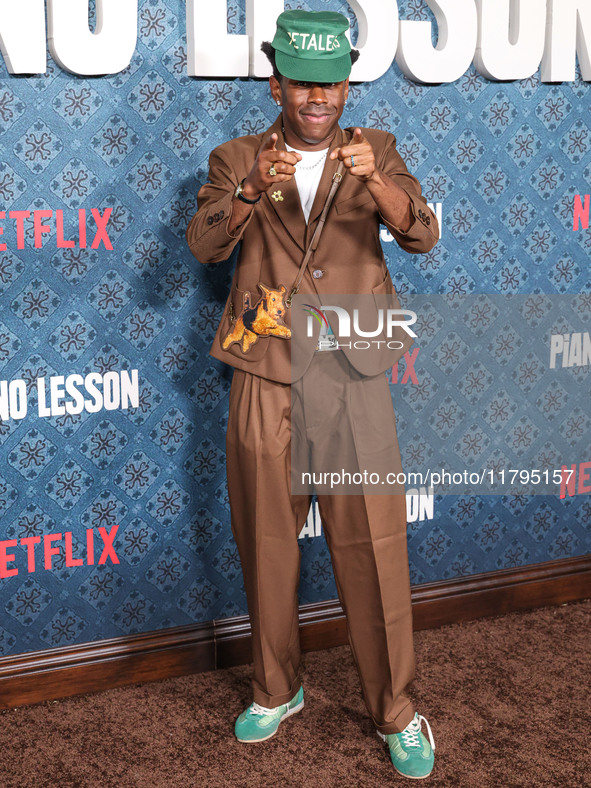 Tyler, The Creator arrives at the Los Angeles Premiere Of Netflix's 'The Piano Lesson' held at The Egyptian Theatre Hollywood on November 19...