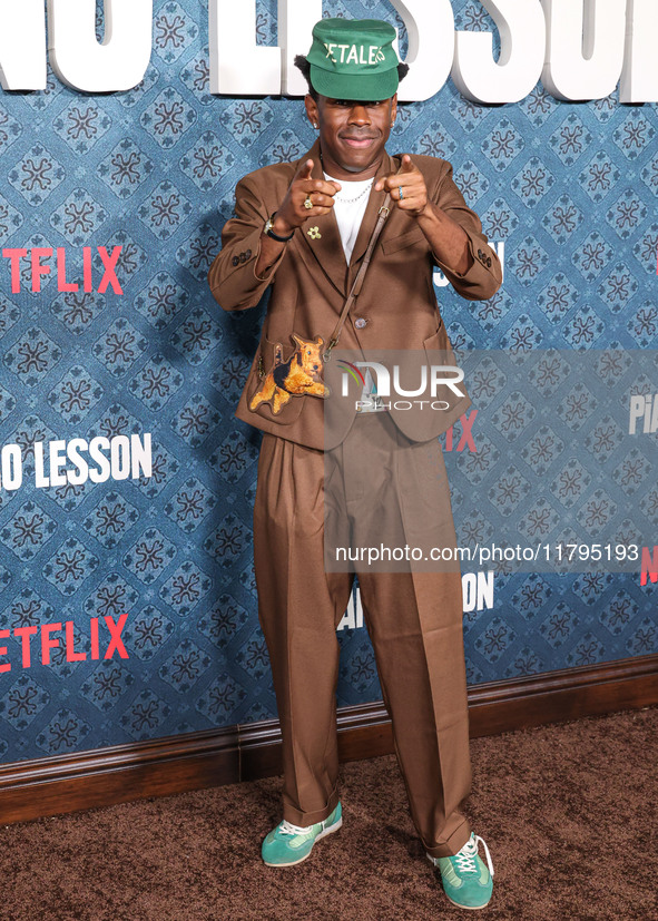 Tyler, The Creator arrives at the Los Angeles Premiere Of Netflix's 'The Piano Lesson' held at The Egyptian Theatre Hollywood on November 19...