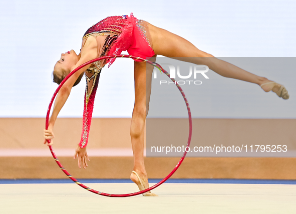 Ana Laikina of Russia performs the Hoop exercise during the juniors apparatus finals of the International Rhythmic Gymnastics Tournament ''S...