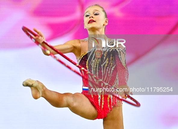 Ana Laikina of Russia performs the Hoop exercise during the juniors apparatus finals of the International Rhythmic Gymnastics Tournament ''S...