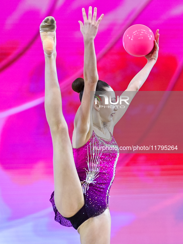 Vkioriia Seferian of Armenia performs the Ball exercise during the juniors apparatus finals of the International Rhythmic Gymnastics Tournam...