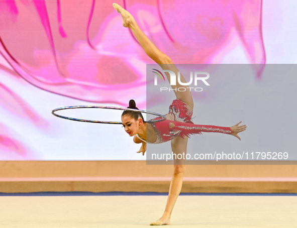 Anna Vakulenko of Russia performs the Hoop exercise during the juniors apparatus finals of the International Rhythmic Gymnastics Tournament...