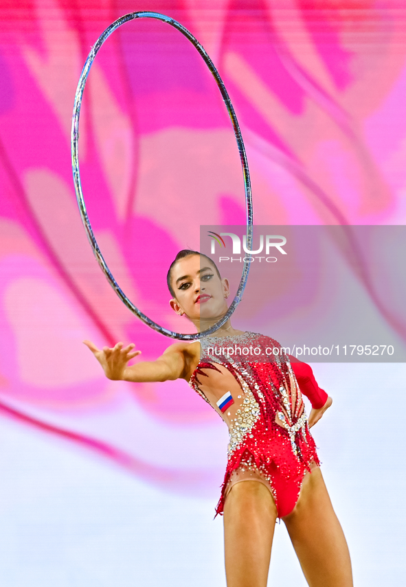 Anna Vakulenko of Russia performs the Hoop exercise during the juniors apparatus finals of the International Rhythmic Gymnastics Tournament...