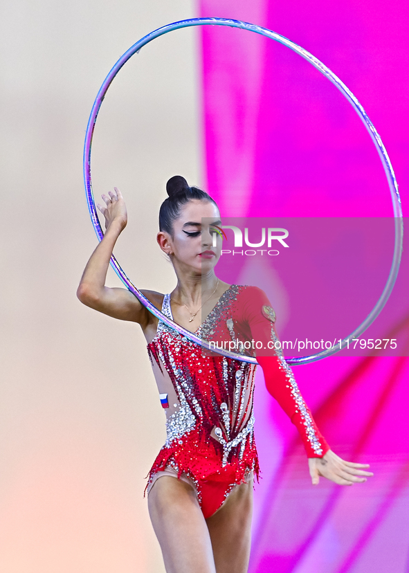 Anna Vakulenko of Russia performs the Hoop exercise during the juniors apparatus finals of the International Rhythmic Gymnastics Tournament...