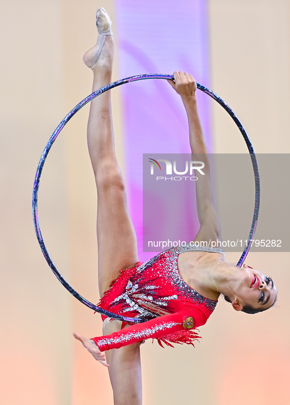 Anna Vakulenko of Russia performs the Hoop exercise during the juniors apparatus finals of the International Rhythmic Gymnastics Tournament...