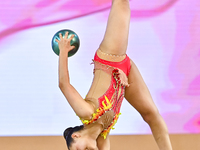 Sarah Al Ali of Syria performs the Ball exercise during the juniors apparatus finals of the International Rhythmic Gymnastics Tournament ''S...