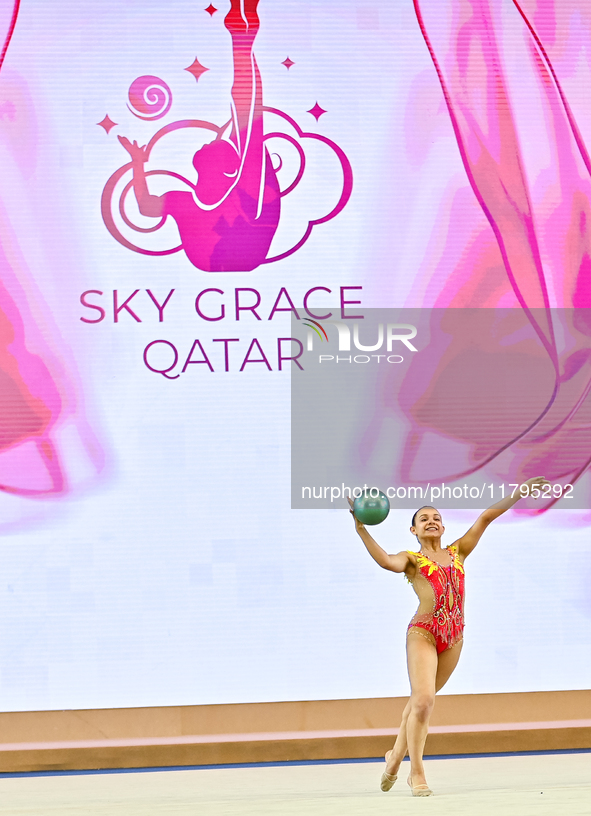 Sarah Al Ali of Syria performs the Ball exercise during the juniors apparatus finals of the International Rhythmic Gymnastics Tournament ''S...