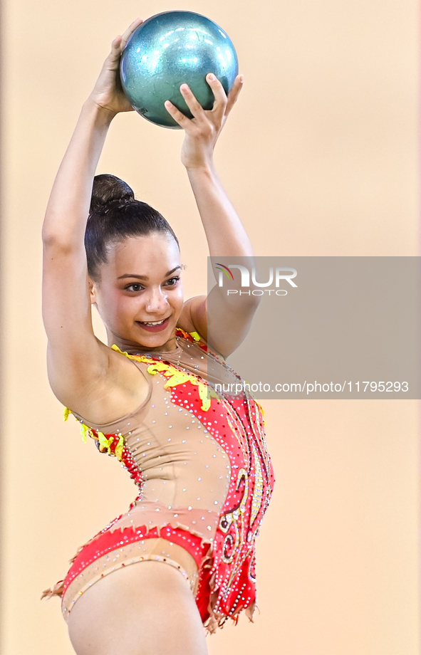 Sarah Al Ali of Syria performs the Ball exercise during the juniors apparatus finals of the International Rhythmic Gymnastics Tournament ''S...