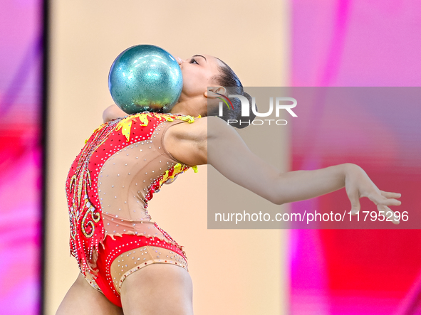 Sarah Al Ali of Syria performs the Ball exercise during the juniors apparatus finals of the International Rhythmic Gymnastics Tournament ''S...