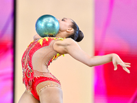 Sarah Al Ali of Syria performs the Ball exercise during the juniors apparatus finals of the International Rhythmic Gymnastics Tournament ''S...