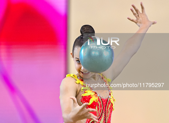 Sarah Al Ali of Syria performs the Ball exercise during the juniors apparatus finals of the International Rhythmic Gymnastics Tournament ''S...