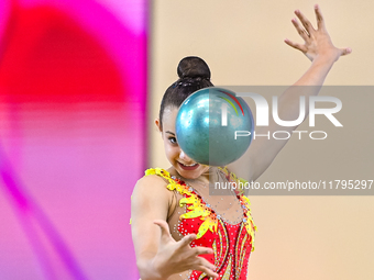 Sarah Al Ali of Syria performs the Ball exercise during the juniors apparatus finals of the International Rhythmic Gymnastics Tournament ''S...