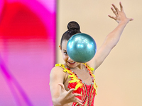 Sarah Al Ali of Syria performs the Ball exercise during the juniors apparatus finals of the International Rhythmic Gymnastics Tournament ''S...