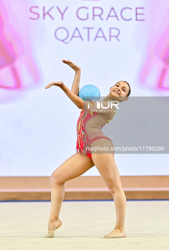 Sarah Al Ali of Syria performs the Ball exercise during the juniors apparatus finals of the International Rhythmic Gymnastics Tournament ''S...