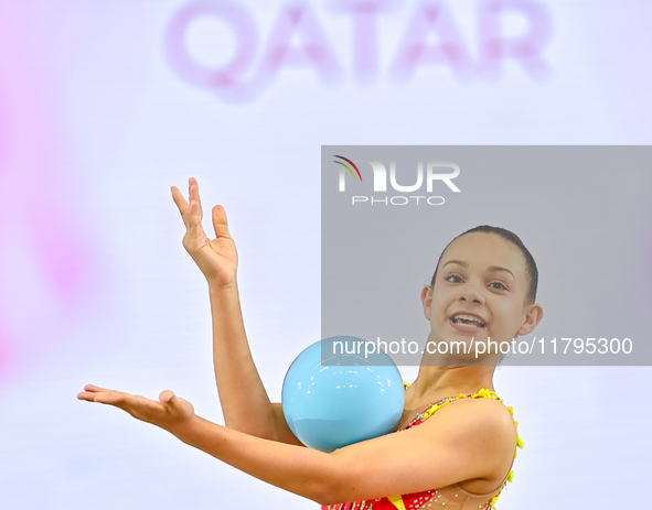 Sarah Al Ali of Syria performs the Ball exercise during the juniors apparatus finals of the International Rhythmic Gymnastics Tournament ''S...