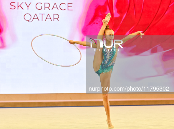 Olga Chernykh of Russia performs the Hoop exercise during the juniors apparatus finals of the International Rhythmic Gymnastics Tournament '...