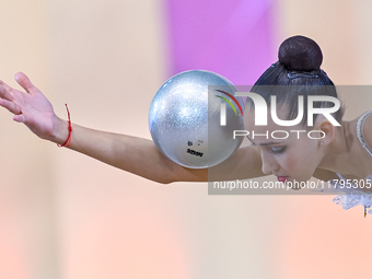 Nika Kostsina of Belarus performs the Ball exercise during the juniors apparatus finals of the International Rhythmic Gymnastics Tournament...