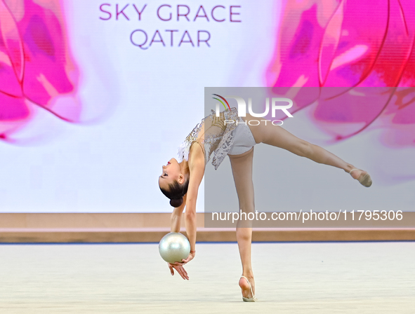 Nika Kostsina of Belarus performs the Ball exercise during the juniors apparatus finals of the International Rhythmic Gymnastics Tournament...