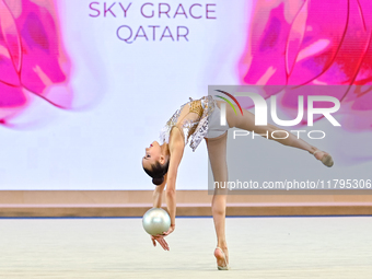 Nika Kostsina of Belarus performs the Ball exercise during the juniors apparatus finals of the International Rhythmic Gymnastics Tournament...