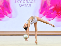 Nika Kostsina of Belarus performs the Ball exercise during the juniors apparatus finals of the International Rhythmic Gymnastics Tournament...