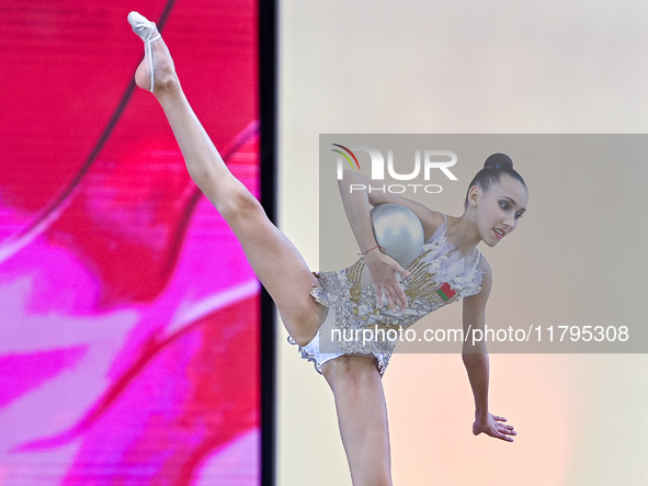 Nika Kostsina of Belarus performs the Ball exercise during the juniors apparatus finals of the International Rhythmic Gymnastics Tournament...