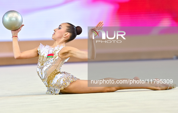 Nika Kostsina of Belarus performs the Ball exercise during the juniors apparatus finals of the International Rhythmic Gymnastics Tournament...