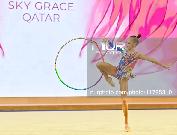 Kseniia Savinova of Russia performs the Hoop exercise during the juniors apparatus finals of the International Rhythmic Gymnastics Tournamen...