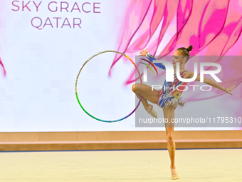 Kseniia Savinova of Russia performs the Hoop exercise during the juniors apparatus finals of the International Rhythmic Gymnastics Tournamen...